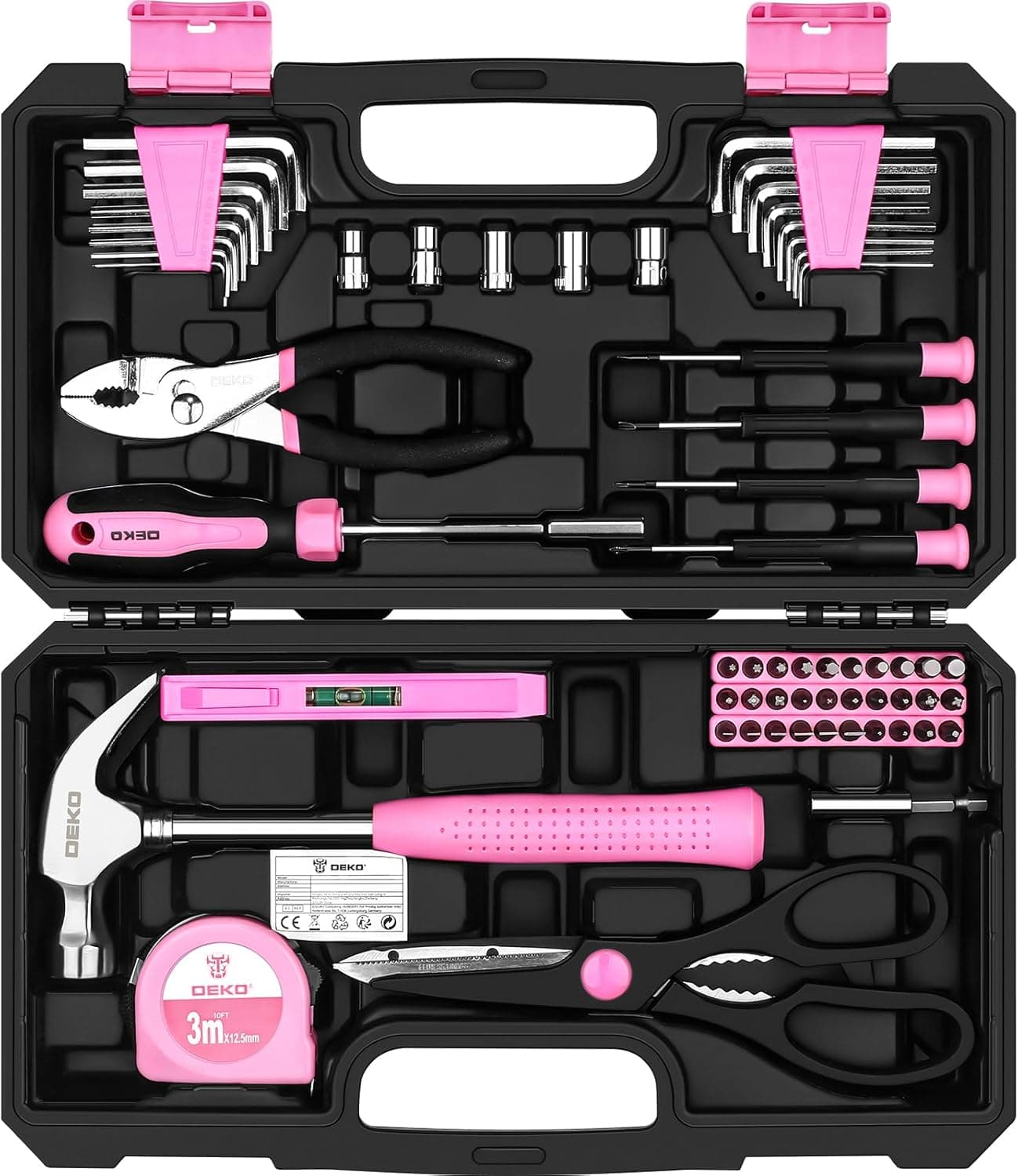 DEKO Caixa de ferramentas completa rosa 62 peças, mala caixa de ferramentas bricolage presentes para mulher, casa, escritório e carro, para manutenção diária