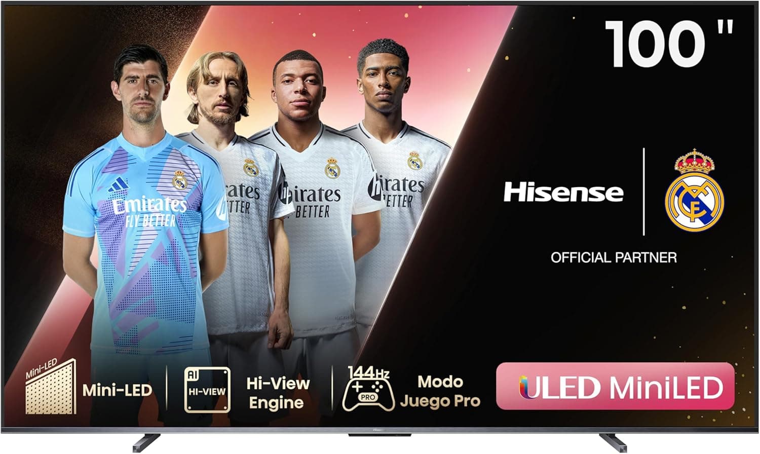 Hisense TV 100U7KQ Mini-LED Smart TV de 100 polegadas, televisão MiniLED mais grande do mercado, Quantum Dot Colour, modo de jogo de 144 Hz, Full Array Local Dimming, Dolby Vision IQ & Dolby Atmos