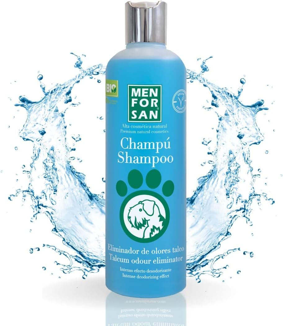 MENFORSAN Champô eliminador de odores para cães com aroma de talco - elimina odores ruins, evitaliza e hidrata o pêlo, com colagénio e tensioativos macios, uso frequente, 300 ml