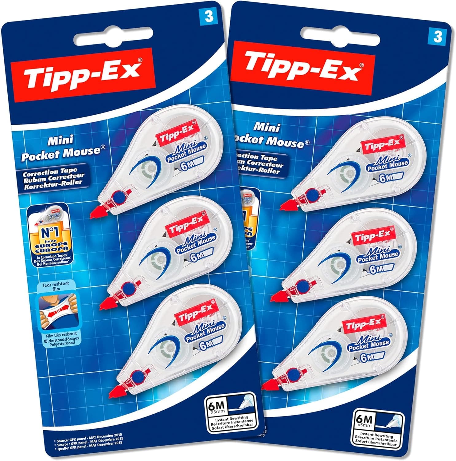 Tipp-Ex Fitas de correção de bolso, Mini Pocket Mouse, conjunto de 6 fitas de correção, 6 m x 5 mm, ideal para material escolar
