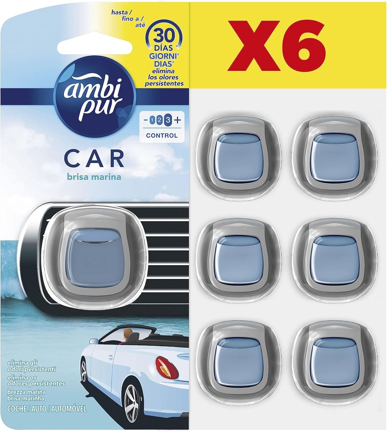 Ambipur Ambientador de carro, difusor (6 x 2 ml), elimina e evita odores maus, fragrância de brincar marinho, mega pack