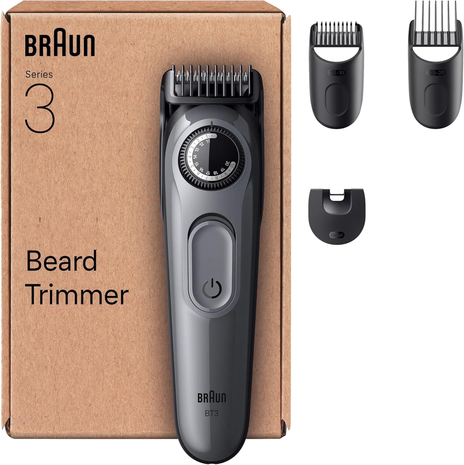 Braun Aparador de barba série 3 BT3525, barbeiro recarregável, 4 acessórios de barbear, 50 min de automonomia, lâmina de corte ultra afiada, 40 comprimentos, cinzento