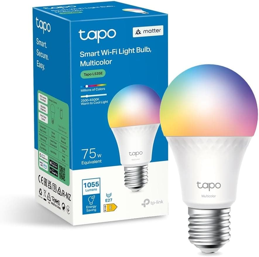 Tapo L535E Lâmpadas inteligentes, 1055 lúmenes de alto brilho (equivalente a 75 W), multicoloridas, 2500 - 6500 k ajustável, compatível com Matter, Alexa e Google