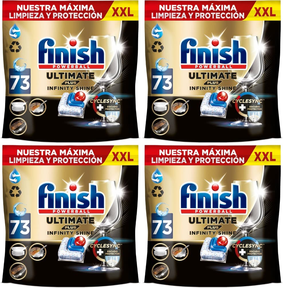 Finish Ultimate Plus Infinity Shine, pastilhas para máquina de lavar louça, limpeza e brilho intensivos e proteção de vidro, 73 pastilhas (x4)