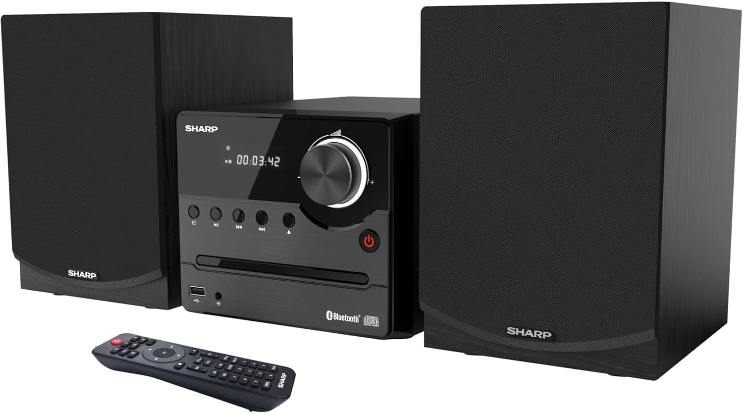 Sharp XL-B512 (BK) Microcorrente Sound System estéreo com rádio FM, Bluetooth v5.0, CD-MP3, reprodução USB, altifalantes de madeira e 45 W cor preta