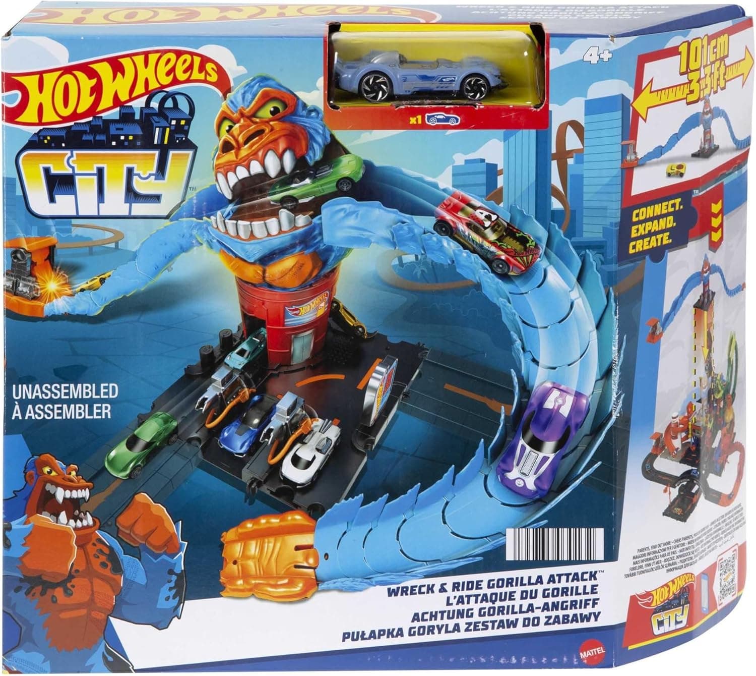 Hot Wheels City Nemésis Gorila no posto de gasolina, pistas para carros de brinquedo (Mattel HDR30)