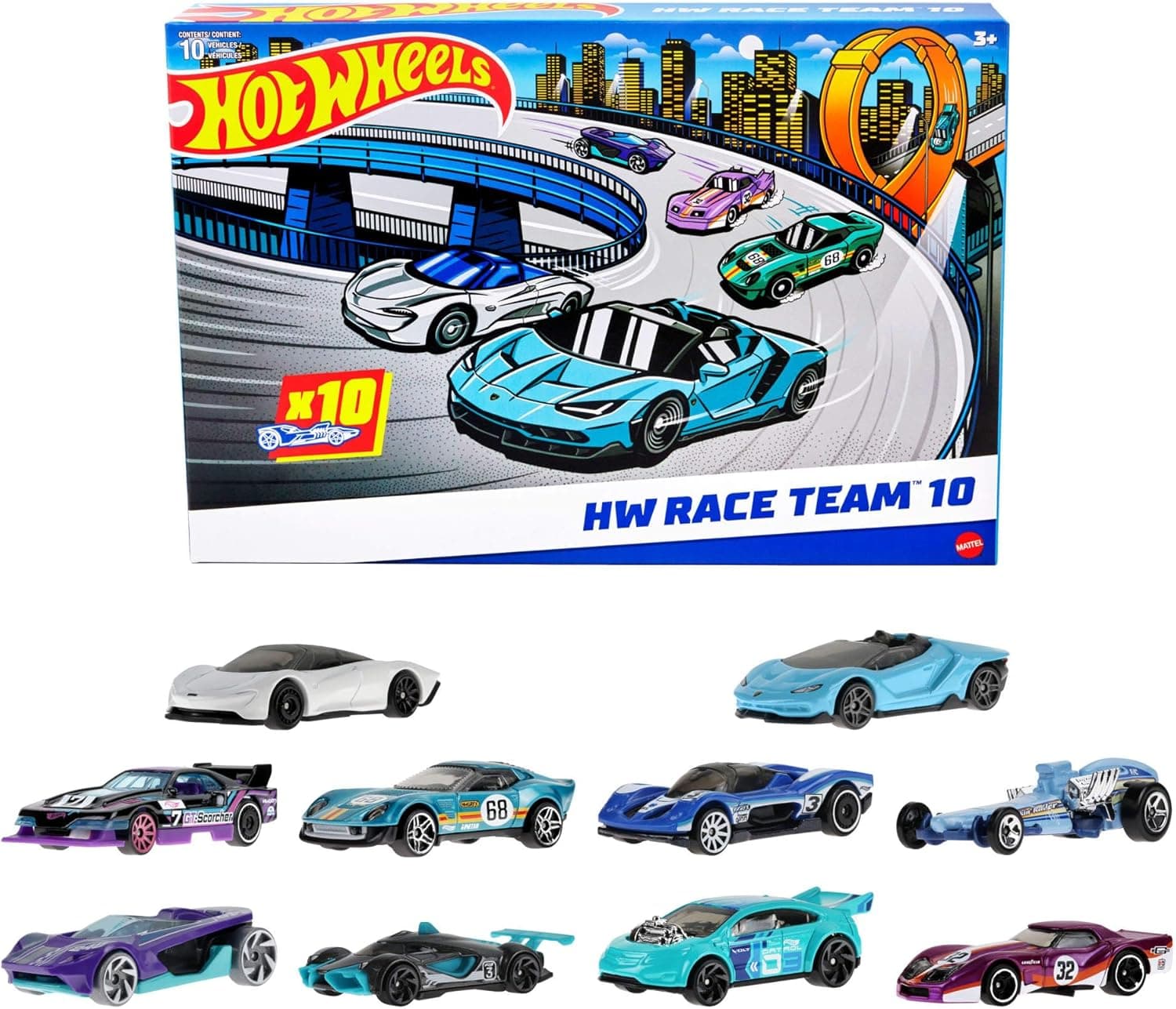 Hot Wheels Pack de 10 carros de corrida de brinquedo, escala 1:64, inclui 1 Corvette Greenwood, 1 Lamborghini Centenário Roadster e 1 McLaren Speedtail, brinquedo + 3 anos (HYM96)