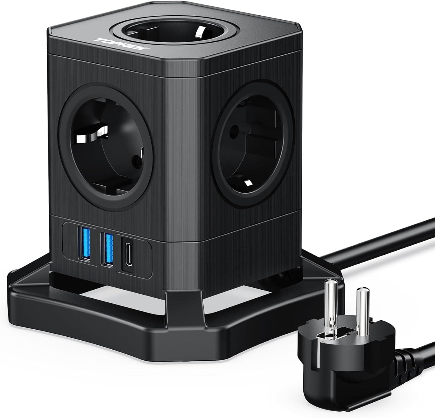 Tomada USB em cubo com tomada, TOPREK 8 em 1 tomada vertical tomadas de 5 vias com USB-A e USB-C (20 W PD3.0), tomada cubo de 4000 W com interruptor para escritório, casa, cabo de 2 m, preto