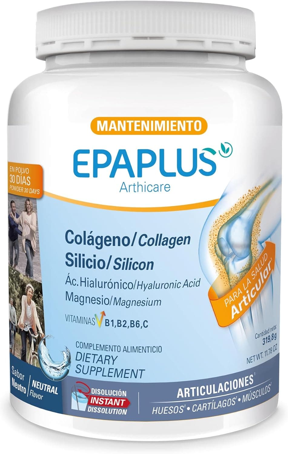 EPAPLUS Arthicare, colagénio hidrolizado silício ácido hialurónico magnésio, dissolução instantânea, sabor neutro, tratamento de 30 dias, pó, 320 g, para a saúde articular