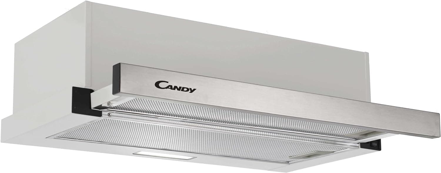 Candy CBT6130/3X, sino telescópico 60 cm, 2 níveis de potência, 125W, 264M3/H, filtros de carbono, painel de alumínio anti-gordura, iluminação LED, 53/60DB, classe B, aço inoxidável