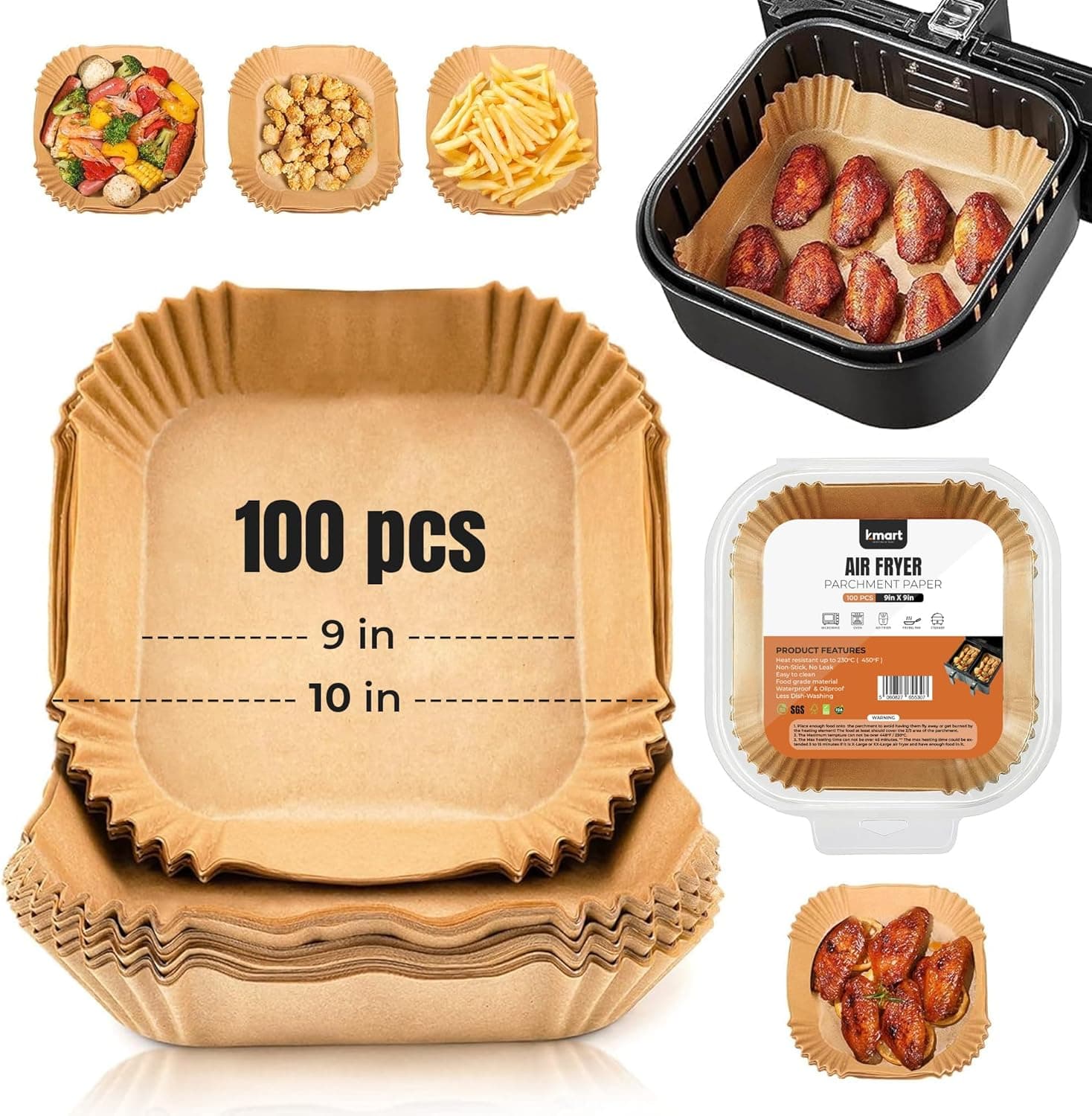 K-MART 100 unidades de papel de forno para fritadeira de ar quente, 23 cm, quadrado, antiaderente, qualidade alimentar, acessórios para assar, fritar