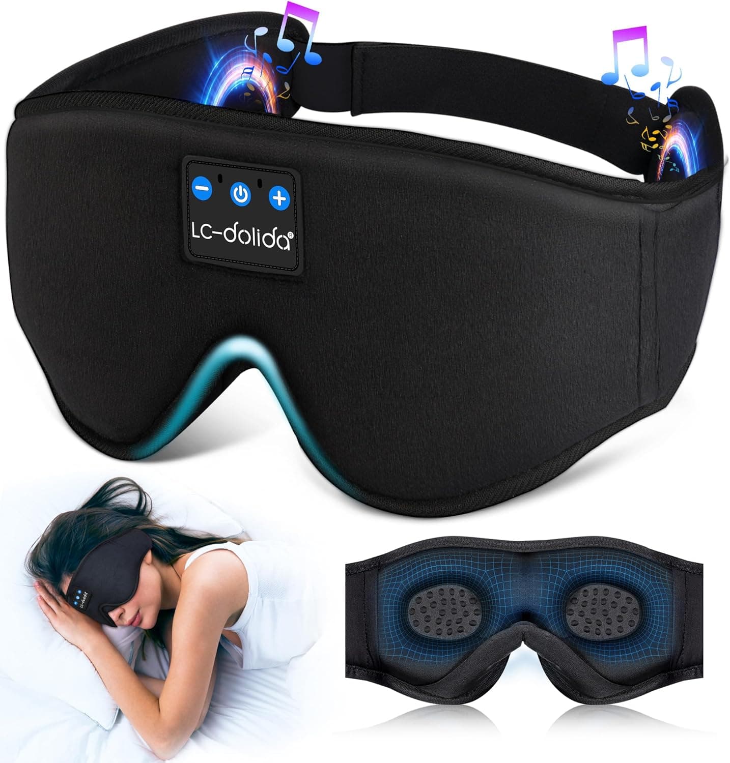 LC-dolida 3D anti-face para dormir com auriculares Bluetooth V5.4, 100% anti-luz máscara de dormir sem pressão ocular, ultra suave e confortável anti-face seda laváveis máscara para dormir
