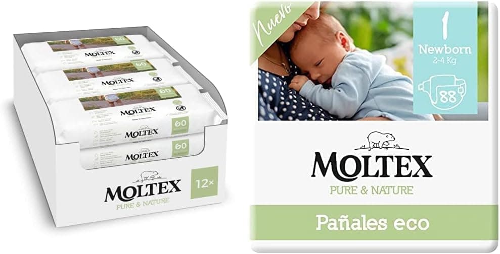 Moltex Pure & Nature Toalhetes para bebé - 720 toalhetes, 12 embalagens (12 x 60) e fraldas ecológicas tamanho 1 (2-5 kg) - 88 fraldas