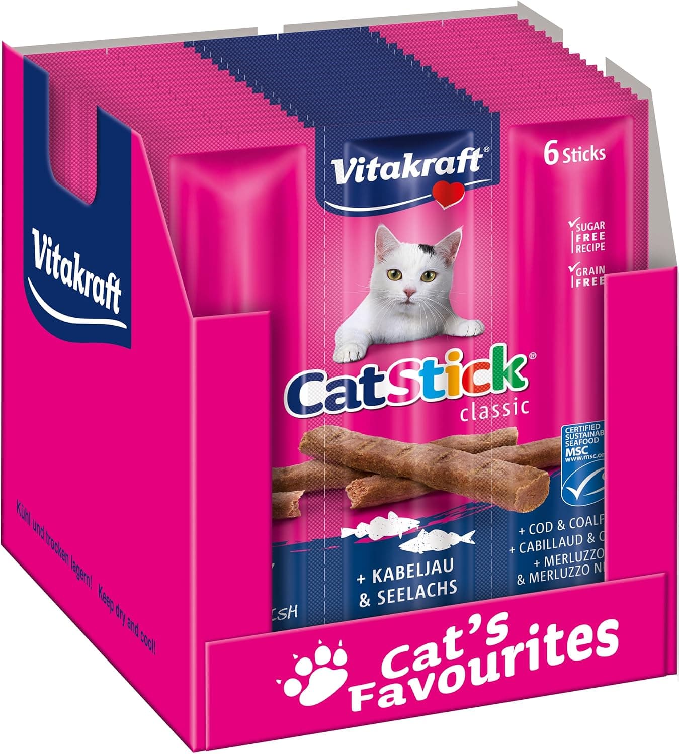 Vitakraft Cat Stick Classic, petiscos para gatos, mini palitos carnudos com bacalhau e abadejo, barrinhas de prémio para gatos, sem adição de açúcares nem cereais, em formato de embalagem (10 x 6)