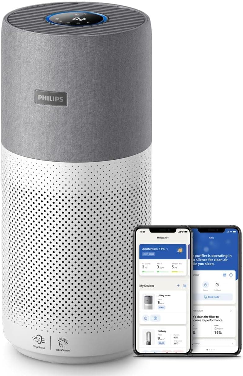 Philips Purificador de ar Série 4000i, controlo por aplicação, elimina germes, pó e alérgenos em estâncias de 158 m², 4 velocidades, modo de sono (AC4236/10)