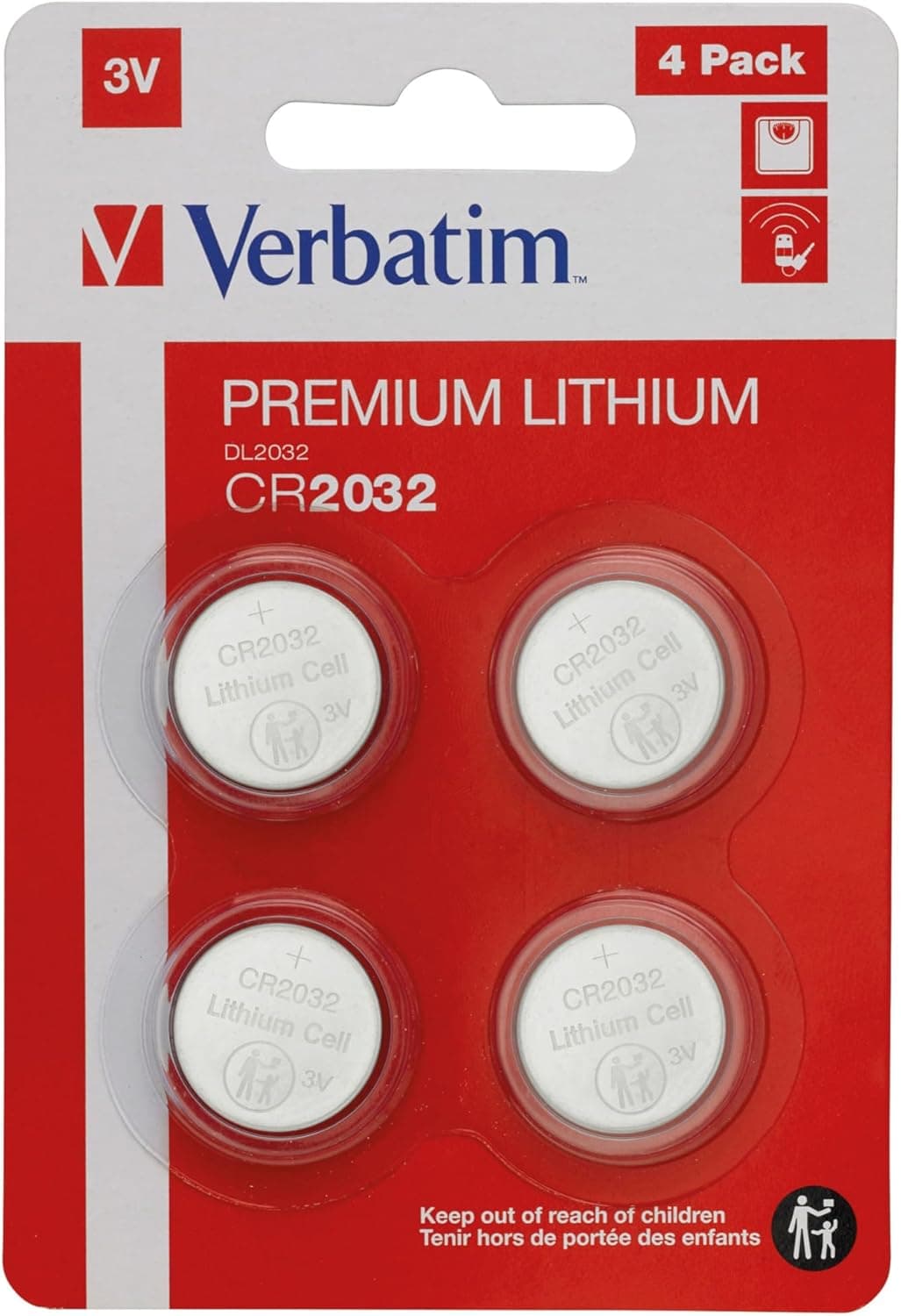 Verbatim CR2032 | Pack de 4 pilhas de lítio tipo moeda 3V para relógios, comandos e brinquedos