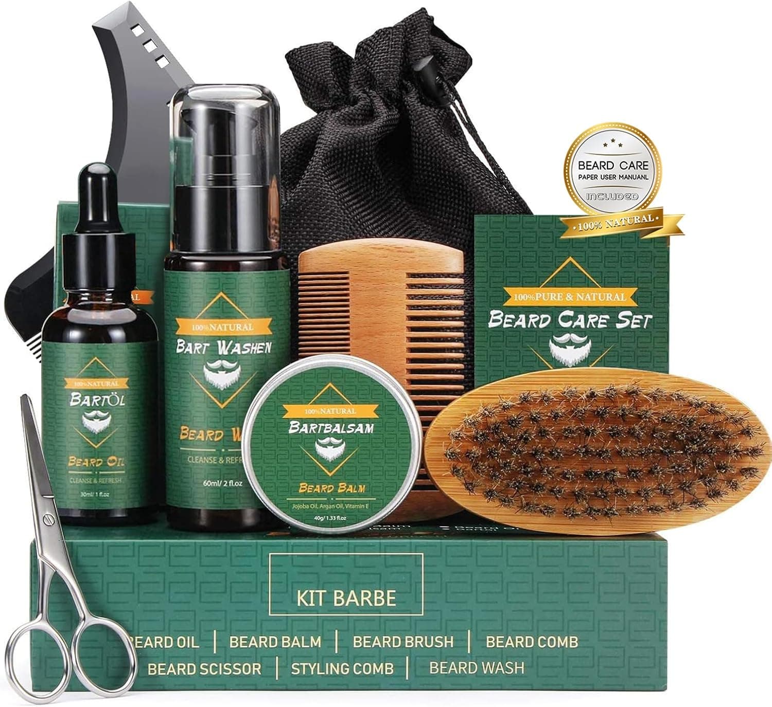 Kit de cuidados completos para barba masculina, com champô, óleo, álsamo, escova, pente, tesouras, mala de viagem, presentes para o pai, namorado, cavalheiro
