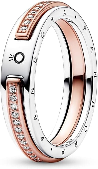 PANDORA Anel de assinatura em 2 tons com logotipo e crimpagem pavé