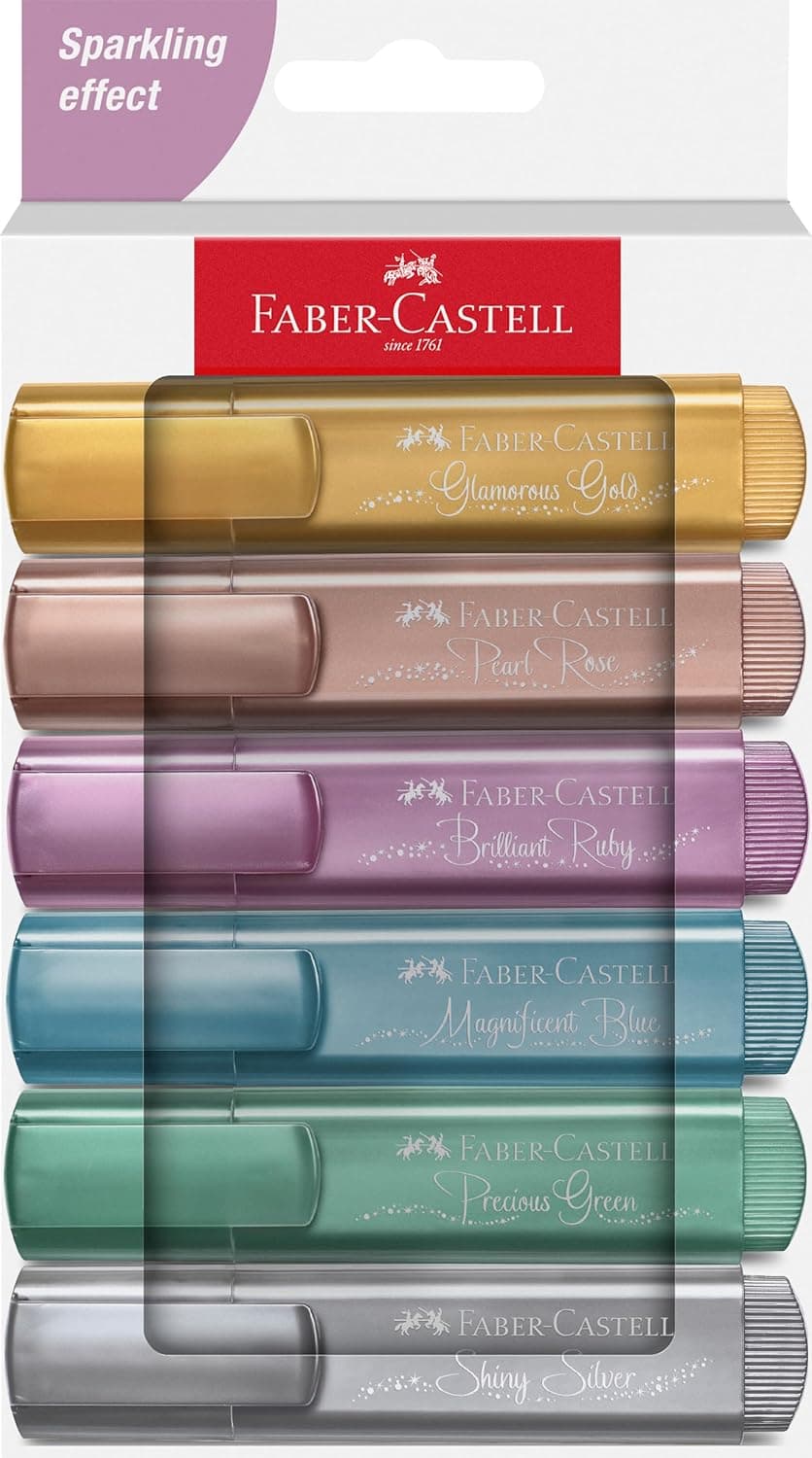 Faber-Castell 254676 Conjunto de 6 sublinhadores metalizados, com ponta chanfrada de precisão, sublinhadores de metal brilhante em cores vibrantes, design plano ergonómico