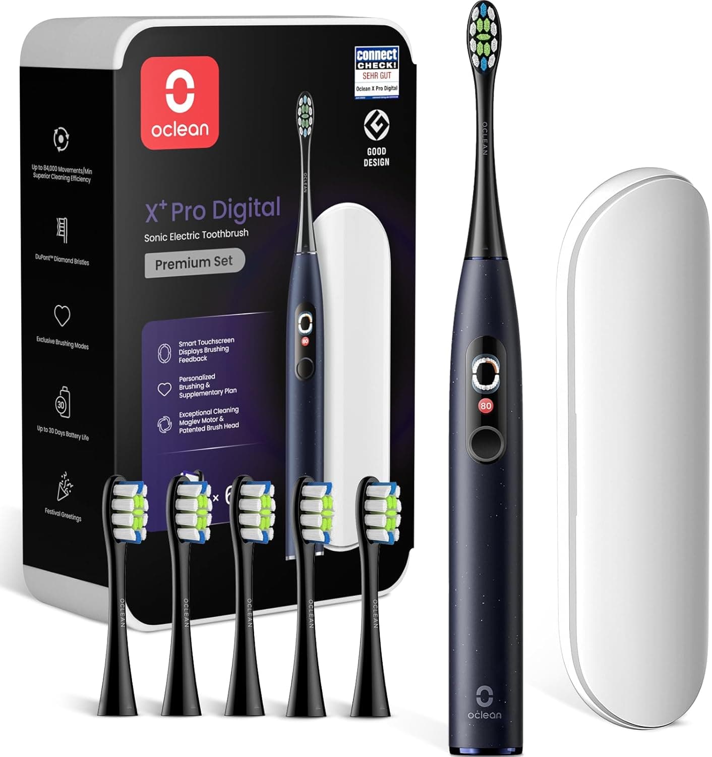 Oclean Escova elétrica sónica X Series Pro Digital Gift Set, 6 cabeças, estojo de viagem, ecrã táctil inteligente, 3 modos, 30 dias, IPX7, estrela roxa