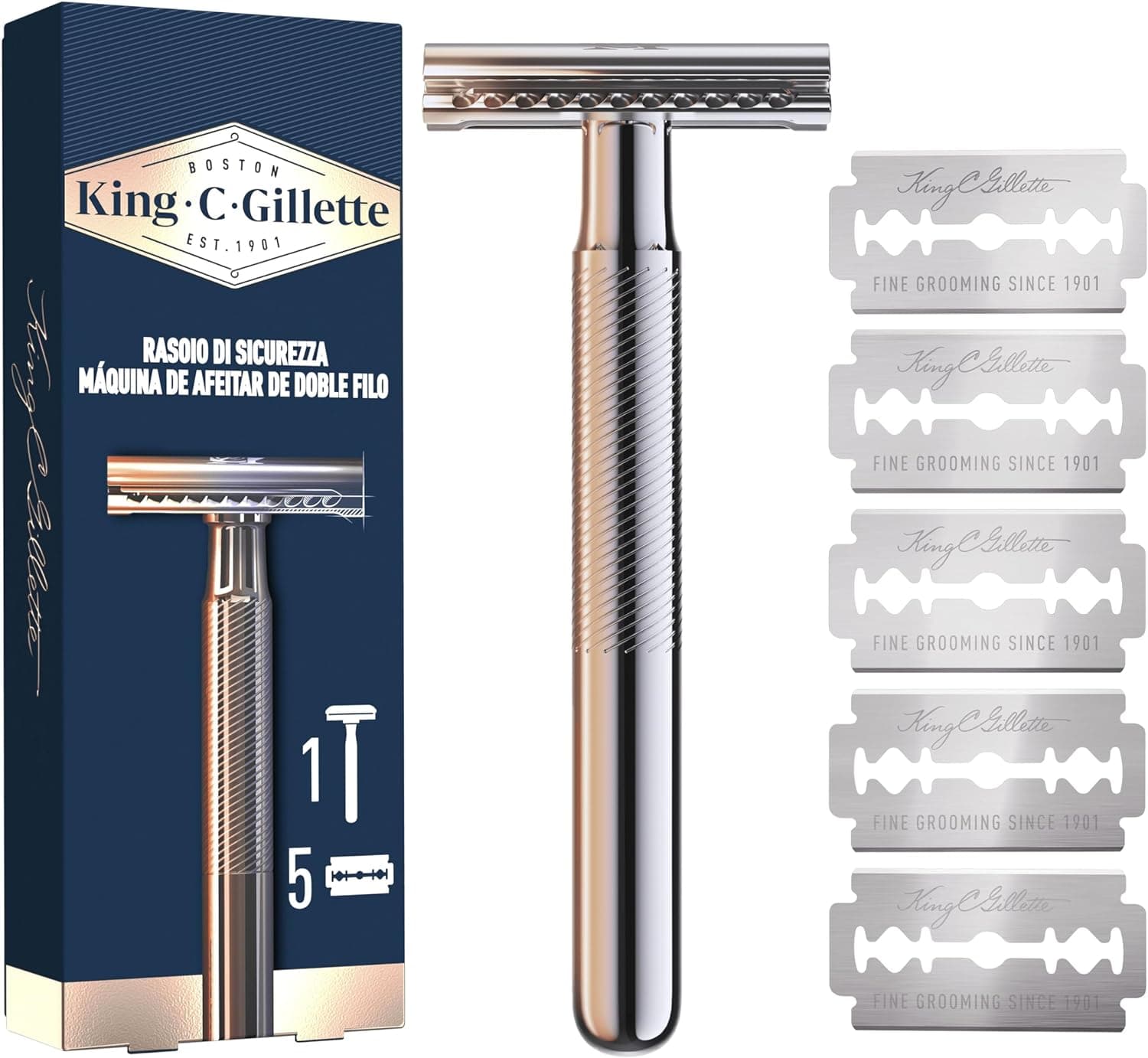 King C. Gillette Máquina de barbear de fio duplo para homem com cabo de metal de longa duração e revestimento antifricção para perfil de precisão e clássico, com 5 folhas
