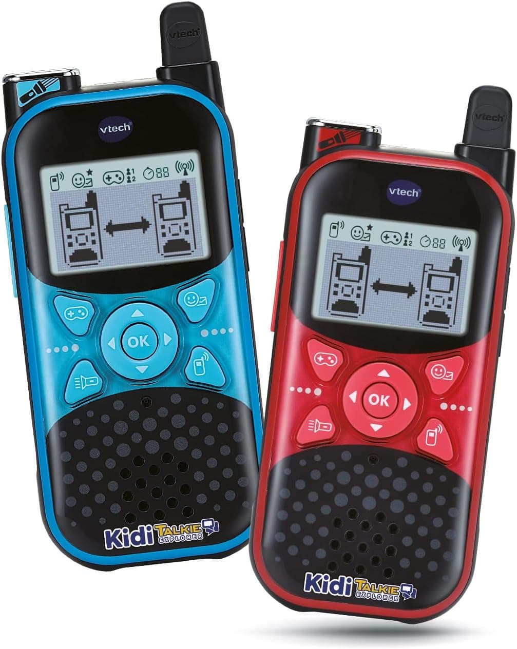 VTech - KidiTalkie Explorer azul/vermelho, walkie-talkies infantil com lanterna e efeitos de voz, envio de mensagens, função de mudança de voz, jogos, presente crianças +4 anos