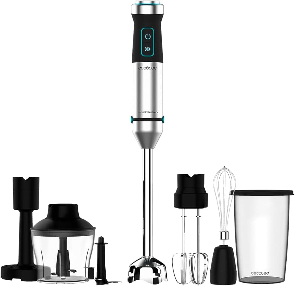 Cecotec Liquidificadora de mão Power TitanBlack 1500 XL PerfectCream&Crush. 1500 W, Tecnologia CrossBlades com lâminas de 4 folhas, pé XL, inclui picadora, varetas de batedeiras e utensílios