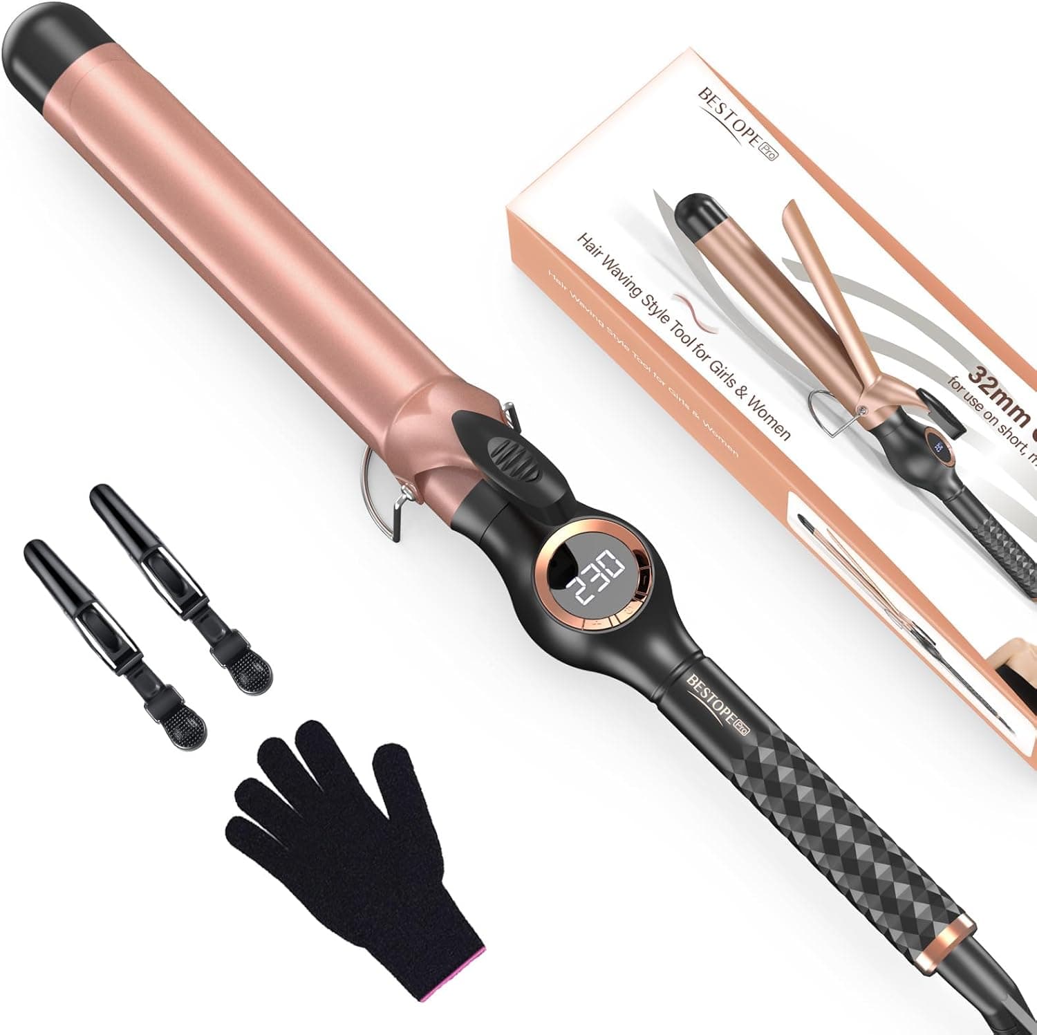 Modelador de cabelo ondas 32 mm BESTOPE PRO, modelador de cabelo para caracóis grandes, multi-temperatura selecionável, modelador de cabelo ondas de extensão, modelador de cabelo de aquecimento
