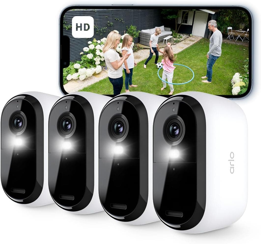 Arlo Essential 2 câmara de vigilância WiFi exterior HD, câmara de vigilância WiFi interior, sensor de movimento, alarme para casa, visão noturna colorida, teste de arco seguro incluído, 4 câmaras