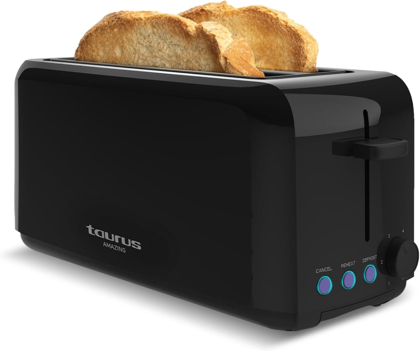 Taurus Amazing Torradeira TO3000 1450W, 2 ranhuras extra longas e extra largas, 6 níveis torrada, 3 funções extra, sistema auto-centrado, bandeja de recolha de migas, base antiderrapante, preto
