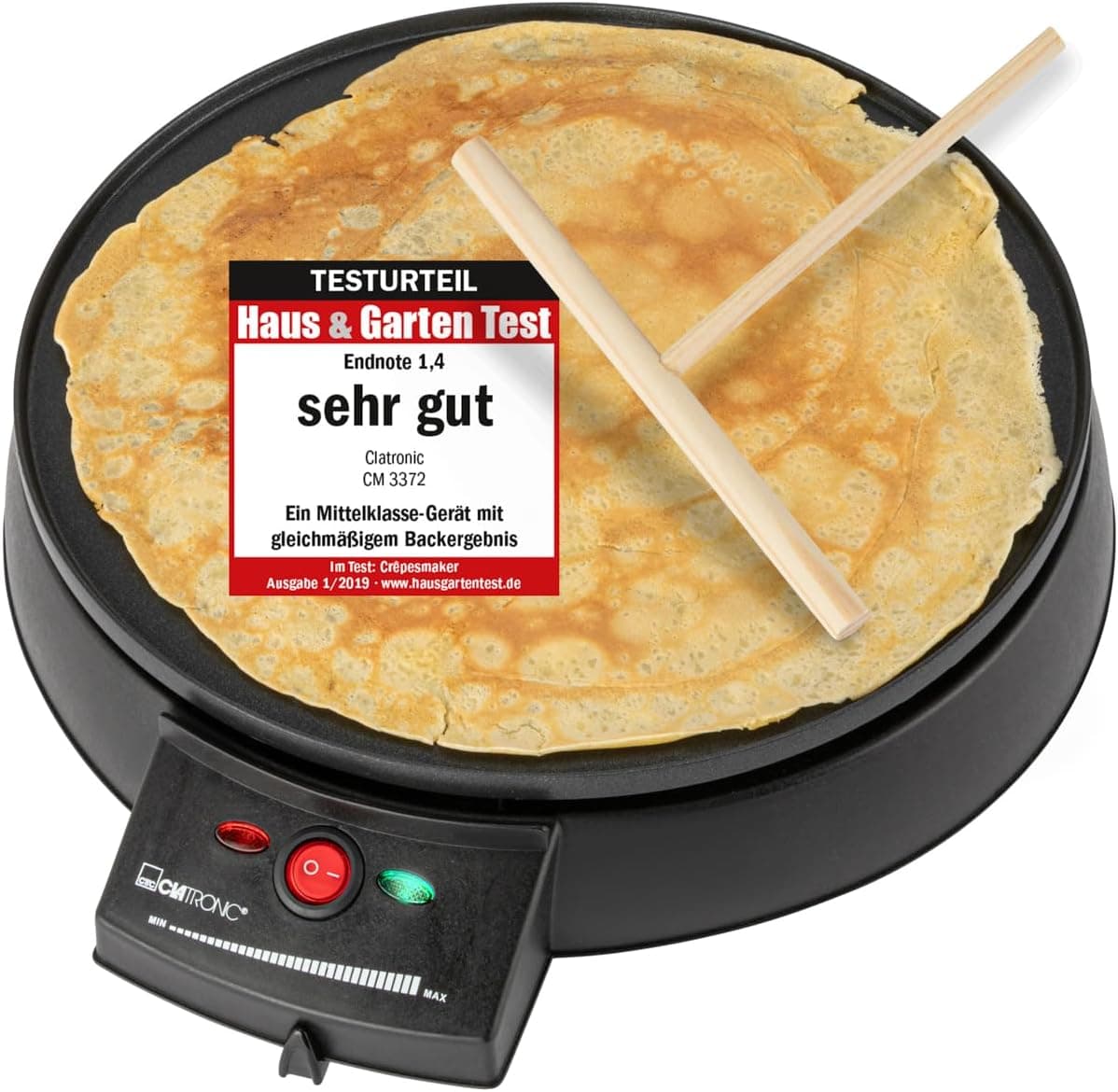 Clatronic Crepes/Wraps/Pan Maker com Ø 29 cm, incl. Dispensador de massa e revestimento antiaderente superfície, termostato ajustável contínuo e backampel - Panqueque Maker com 900 W, cm 3372