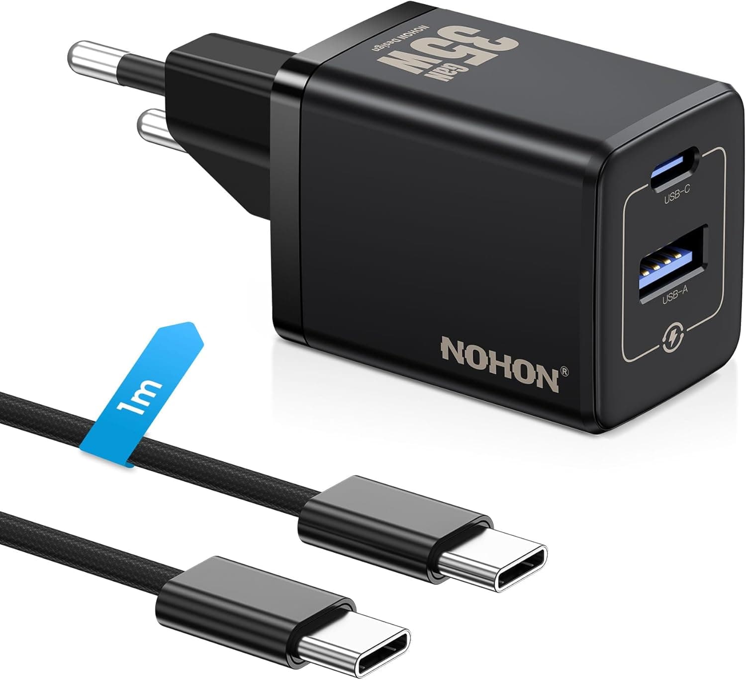 NOHON Carregador USB C de 35 W: tomada USB C de 2 portas PD+QC com cabo Typ-C de 1 m, GAN carregador USB C carregamento rápido compatível com iPhone 15/15 Pro/15 Pro Max/14/13/12, Samsung Galaxy, iPad