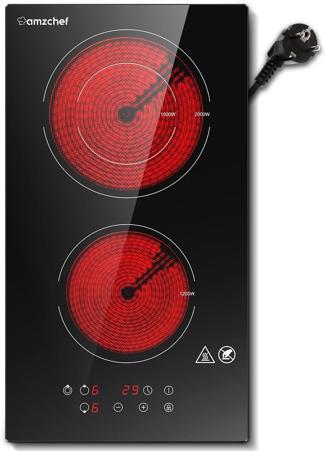AMZCHEF Placa vitrocerâmica de 2 fogos, placa de vitrocerâmica com tomada, placa de vidro preta com superfície de vidro, 3 zonas de aquecimento, temporizador e 9 níveis de potência