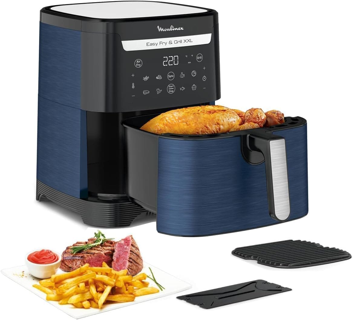 Moulinex Easy Fry XXL 6,5 L Frigideira de ar 2 em 1 para fritar ou grelhar, com pouco ou sem óleo, l, 8 programas, refeições saudáveis, grande capacidade, até 8 pessoas, azul, EZ8014