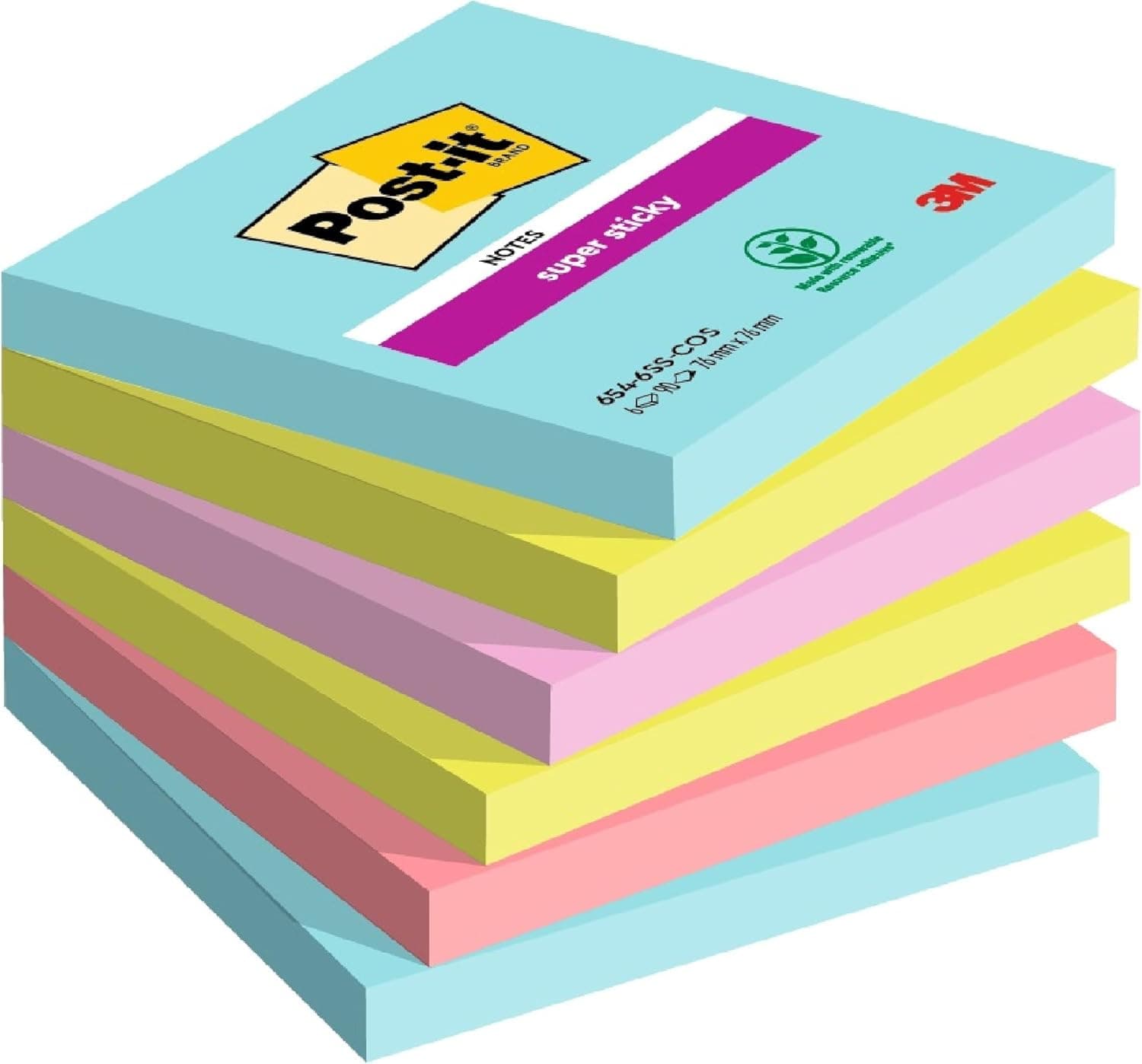 Post-It Super Sticky Notes Cosmic Collection, Pacote com 6 blocos de notas, 90 folhas por bloco, 76 mm x 76 mm, - Para listas de tarefas e lembretes Cosmic 6 Pads