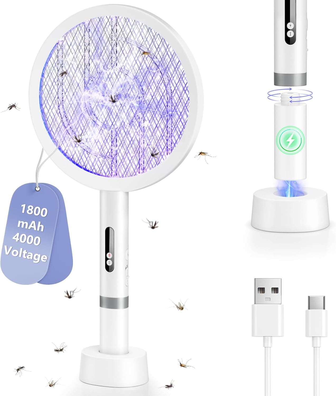 BKXCHA 2 em 1 Raquete mosquiteira elétrica, 4000 V Raquete mosquitos elétrica forte, 1800 mAh USB-C recarregável mata-moscas elétrico portátil e lâmpada UV com malha segura de 3 camadas, dois modos