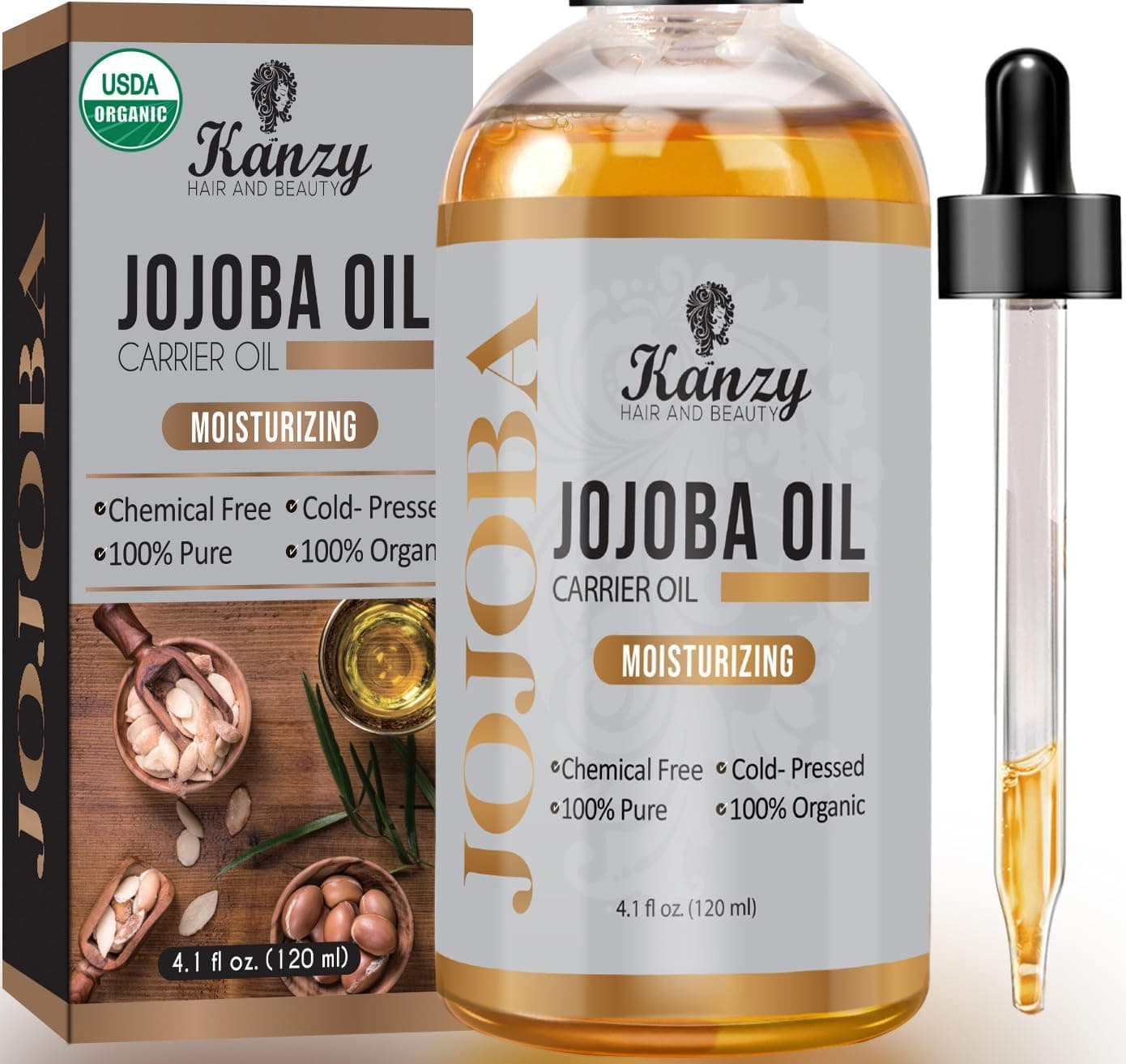 Kanzy Óleo de Jojoba Orgânico 100% Puro 120ml Orgânico Prensado a Frio Vegano Hidratante Natural para Cabelo, Rosto, Cutículas, Corpo e Unhas Óleo de Jojoba Sem Hexano 120 ml 