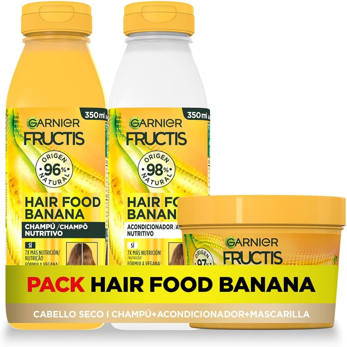 Garnier Fructis Hair Food Banana | Pack nutritivo com champô, amaciador e máscara para cabelo seco fórmula vegana sem silicones