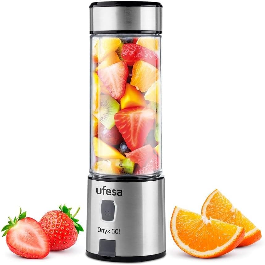 Ufesa Onyx Go! Liquidificadora portátil recarregável, carregamento por USB, até 20 utilizações por carregamento, bateria de 5100 mAh, garrafa de britã de 400 ml, tampa desportiva