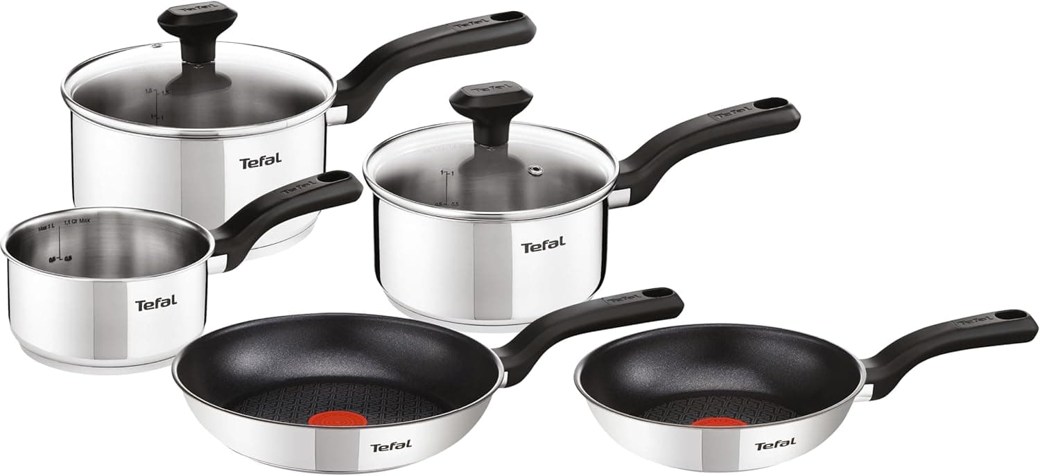 Tefal Comfort Max Conjunto de 2 frigideiras 24/28 cm + 3 caixas de 14/16/18/20 cm 2 tampas | Indução adequada, antiaderente, revestimento titânio, sem PFOA, máquina de lavar louça e forno, aço