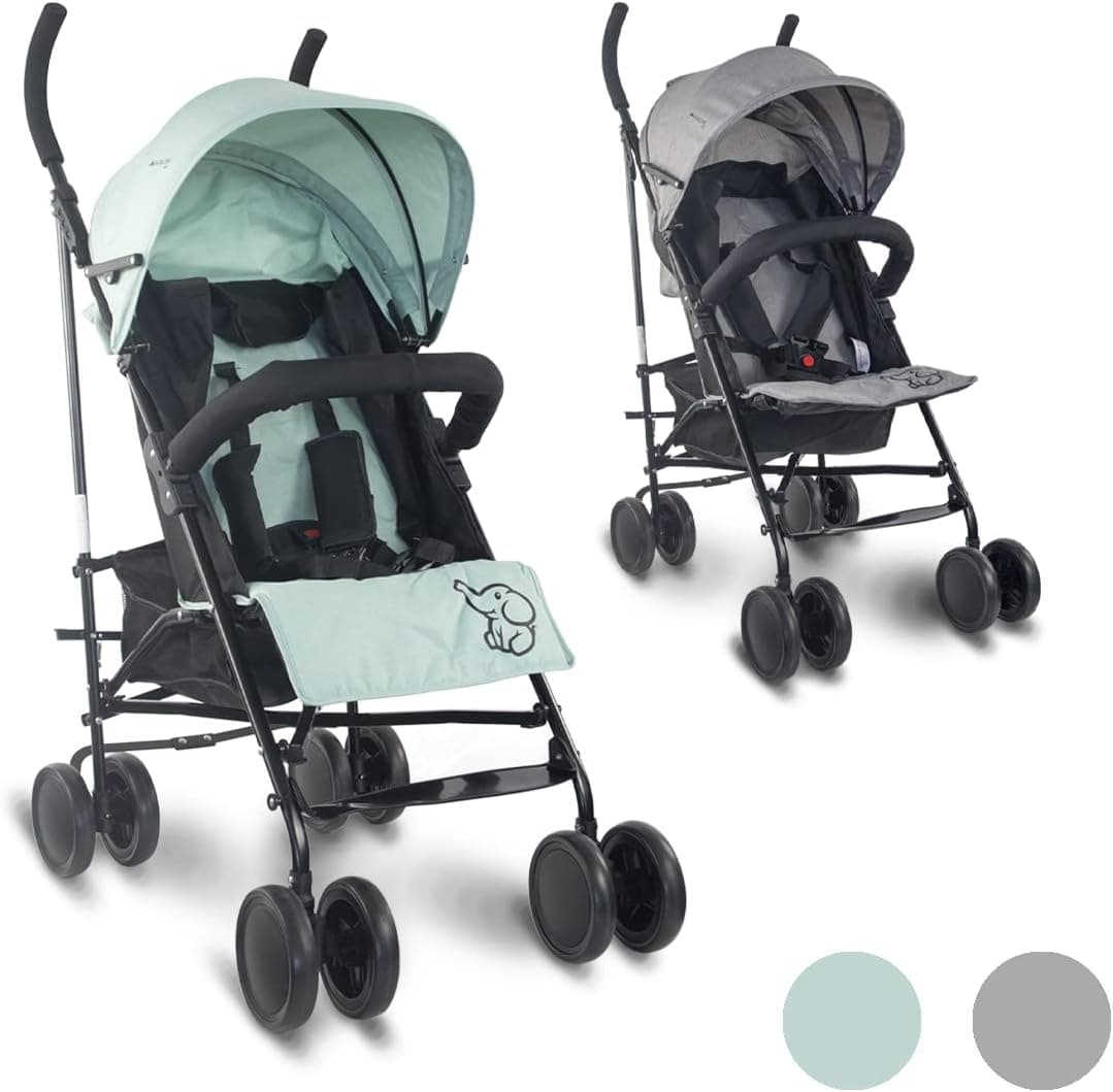 Mobiclinic®, Carrinho de bebé, Elefant, marca espanhola, dobrável, encosto reclinável, sistema de segurança duplo, rodas removíveis, arnês ajustável 5 pontos, carrinho de passeio leve, verde e preto