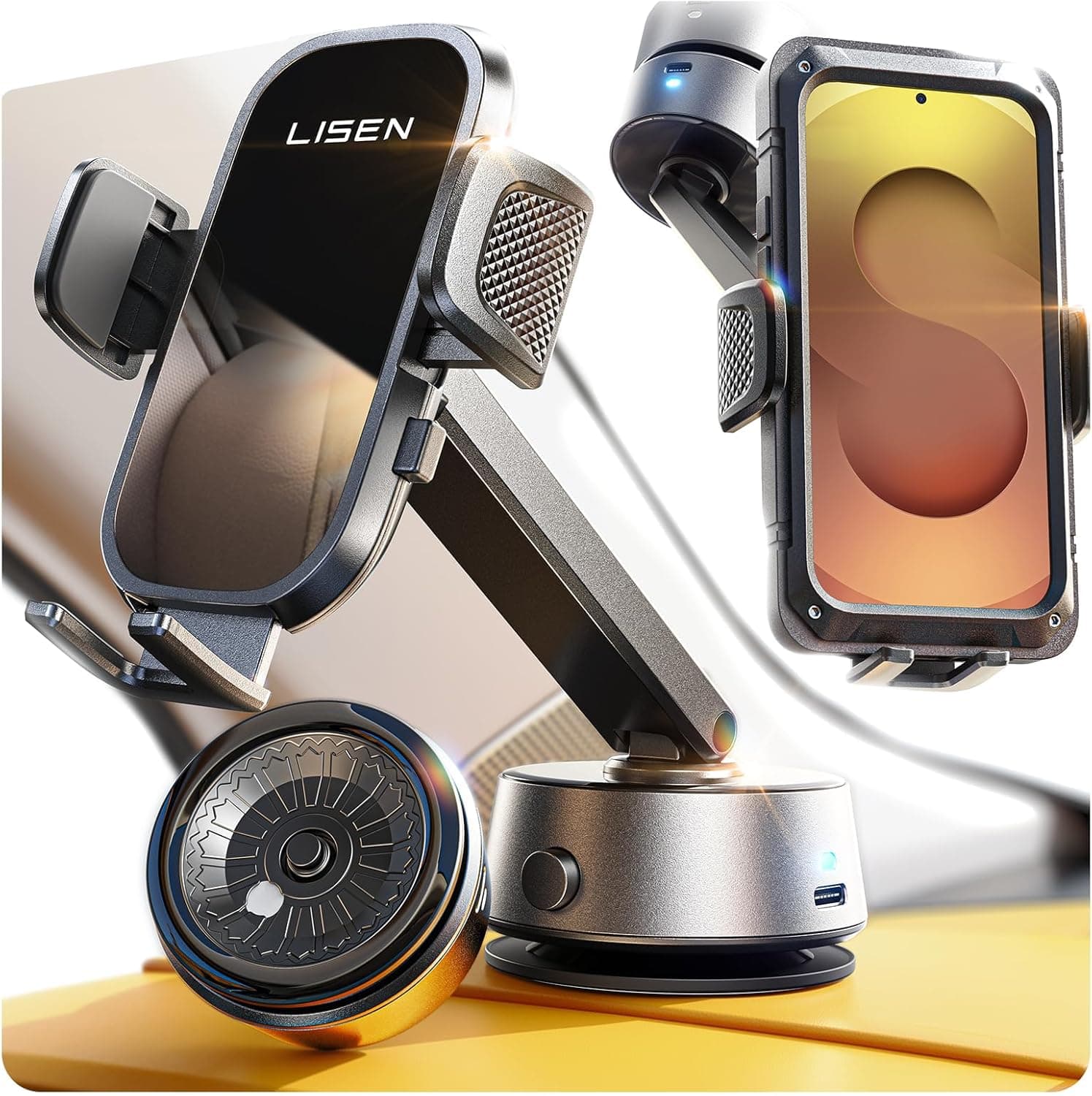 LISEN Suporte móvel para carro, suporte móvel elétrico para carro ventosa, 0,1 segundo de funcionamento para para-brisas/salpicador, compatível com Android, iPhone, todos os smartphones e capas