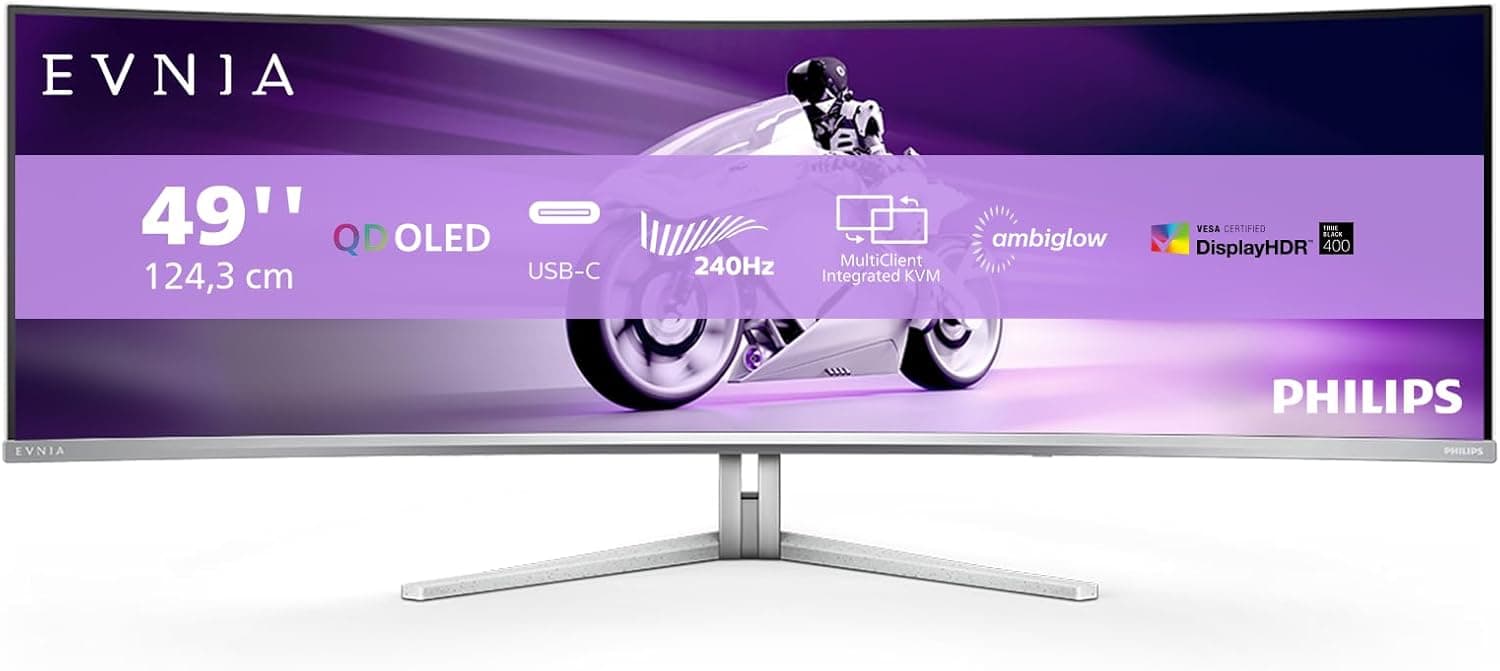 PHILIPS Evnia 49M2C8900 Monitor de jogos curvo OLED DQHD de 49 polegadas, 240 fércios, 0,03 m, GtG, HDR400, Ambiglow (5120 x 1440, HDMI 2.1, DisplayPort 1.4