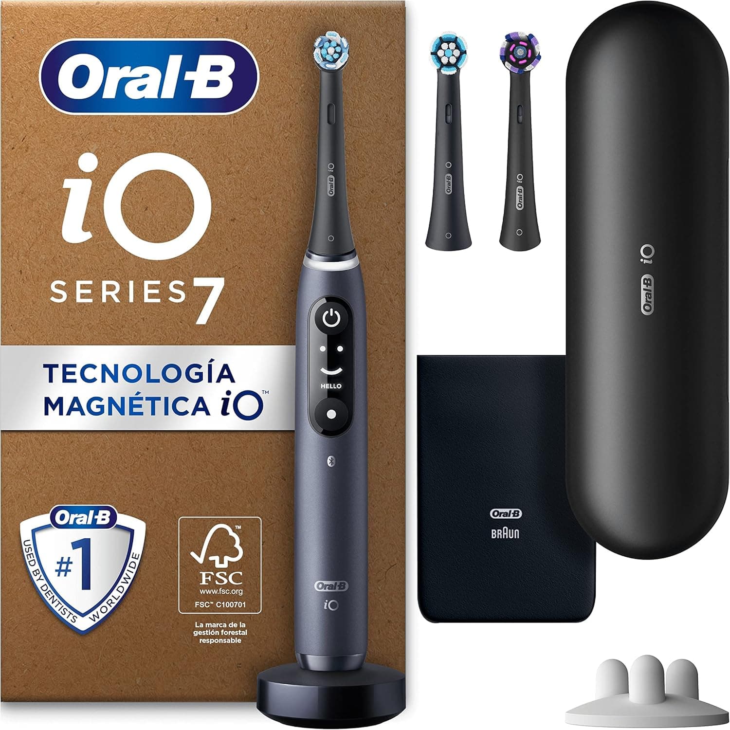 Oral-B iO 7N Escova de dentes elétrica com cabo recarregável, 3 cabeças e estojo de viagem, desenhado por Braun, presentes originais para mulher e homem - preto