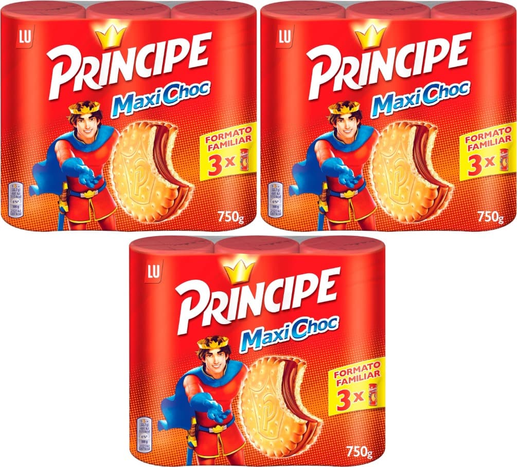 Príncipe Maxi Choc bolachas sanduíche recheadas de duplo creme de chocolate com leite formato familiar 3 x 250 g