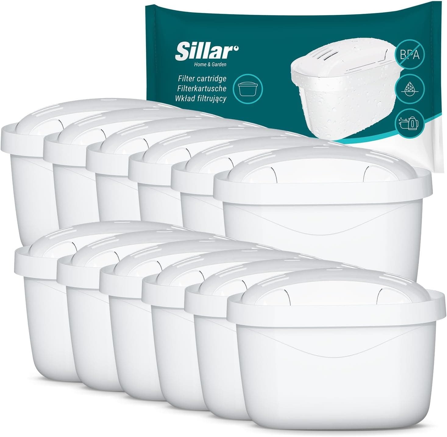 Sillar Cartuchos de filtro de água compatíveis com BRITA Maxtra, Marella, Aluna, Elemaris, 12 unidades, carvão ativo e permutador de íons, sem BPA, reduzem a calcário e o cloro, para água potável
