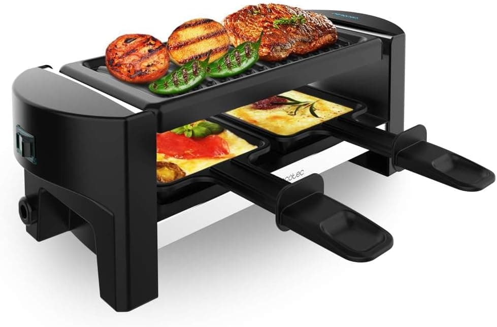 Cecotec Raclette com grelha elétrica para 2 pessoas, Raclette Cheese&Grill 3200 Pocket. 320 W, acabamentos em aço inoxidável, placa de assar antiaderente com superfície de brilho, inclui 2 frigideiras