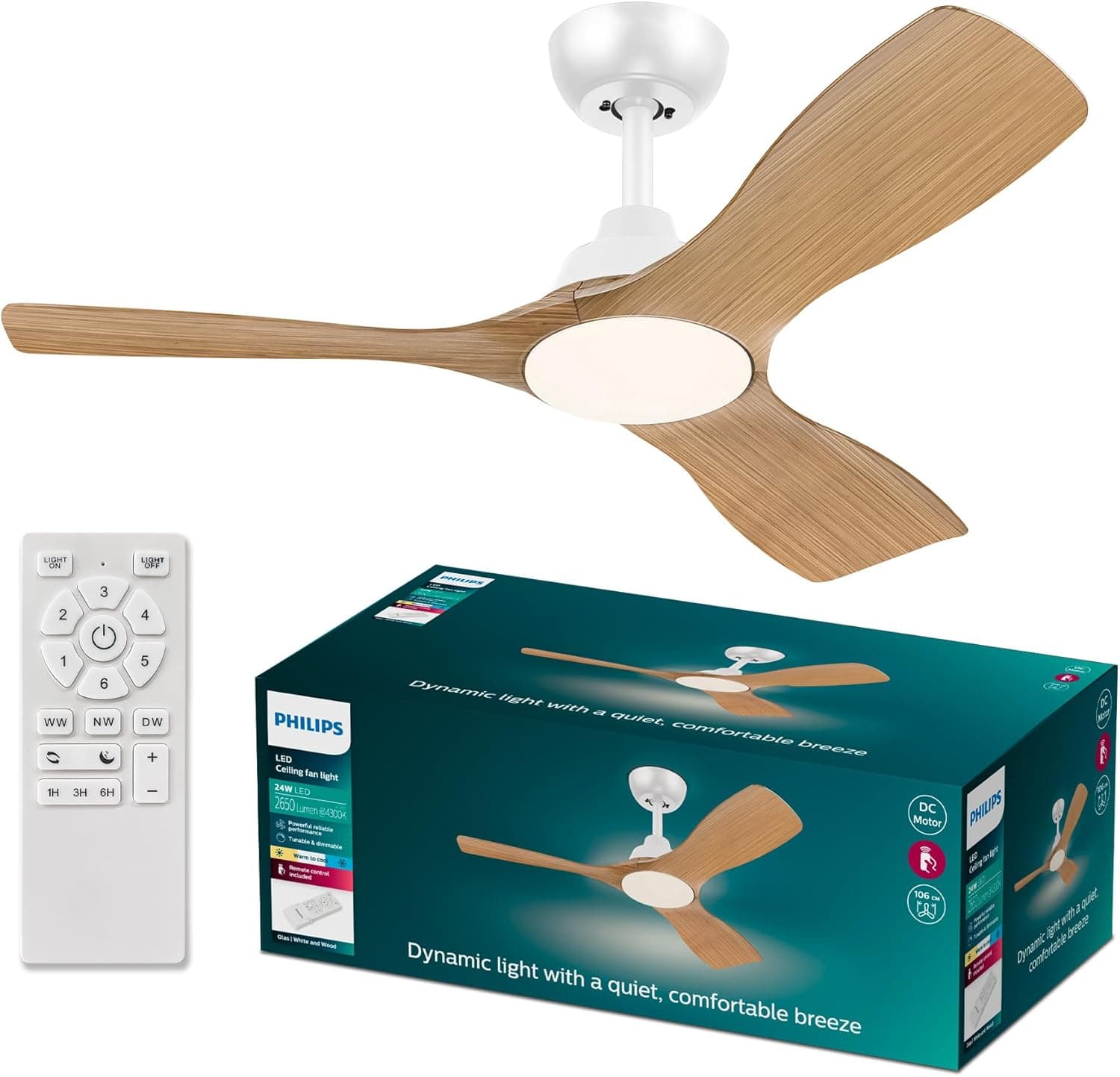 Philips Olas | Ventoinha de teto com 3 pás, luz LED 24W regulável, motor DC, controlo remoto e modos verão/inverno