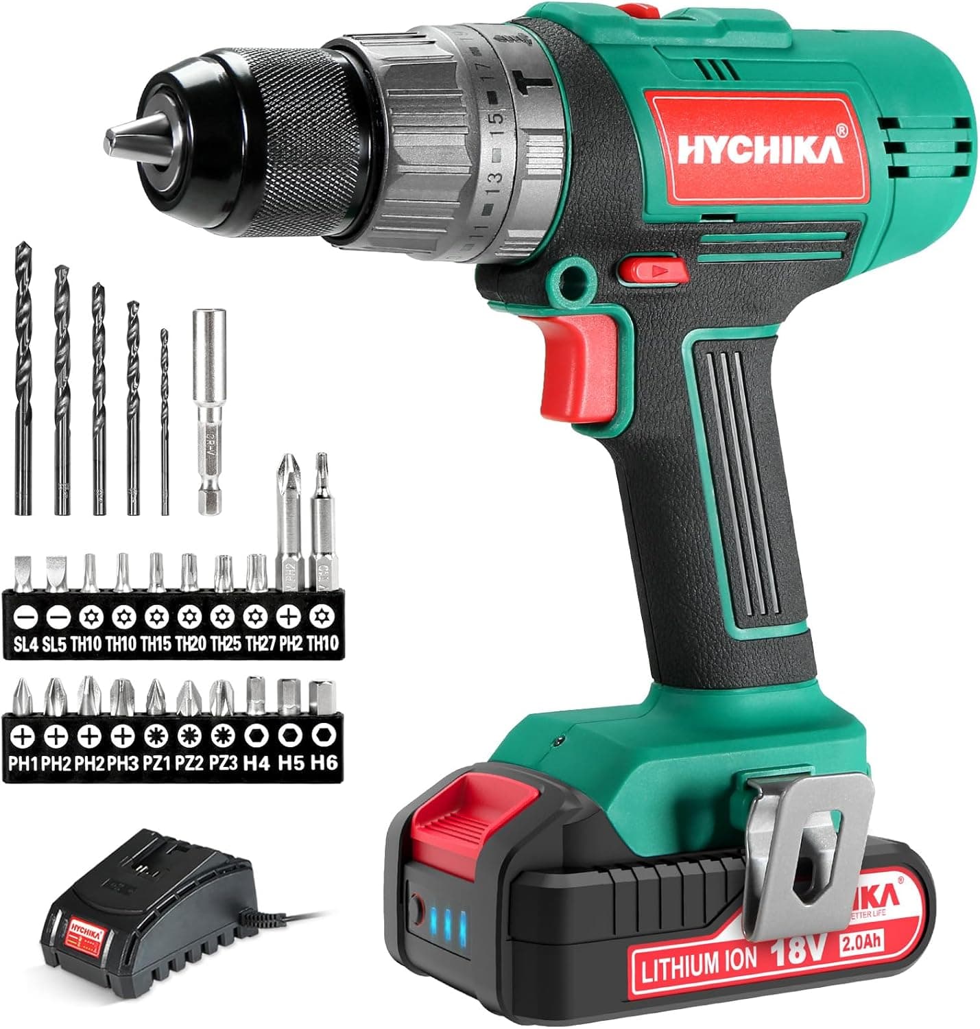 HYCHIKA Broca percutor parafuso 18 V 45 Nm, broca percutor com bateria de 2,0 Ah, 27 acessórios, 21 + 3 configurações de par, 2 velocidades ajustáveis, carregador rápido, para reparações em casa