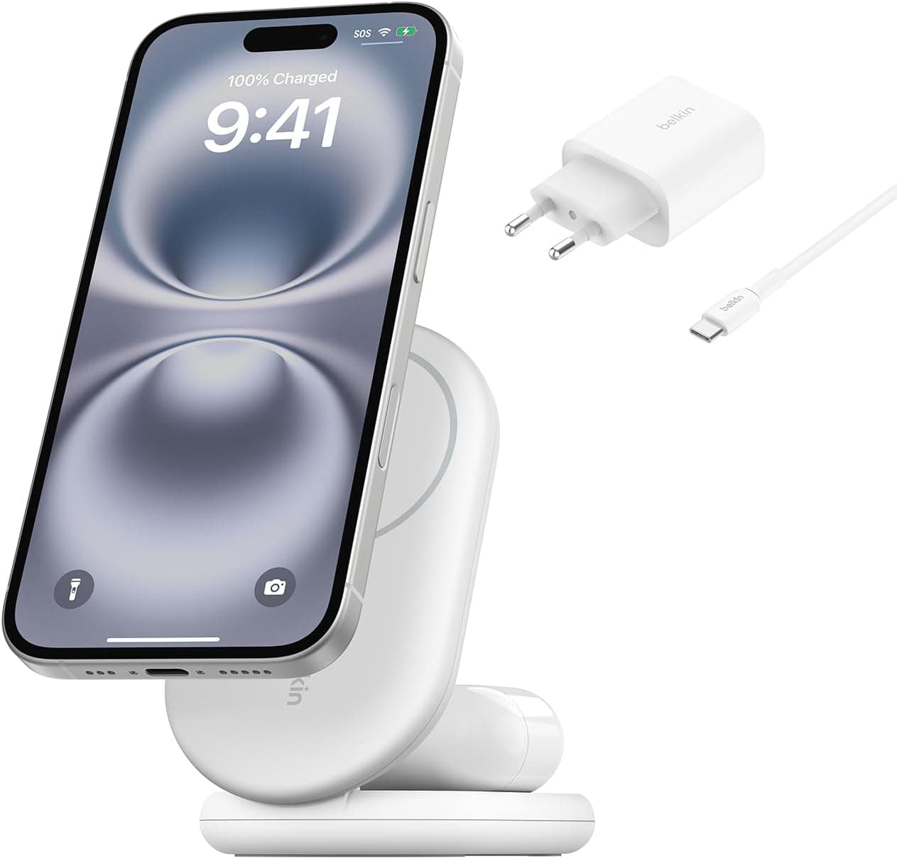 Belkin BoostCharge Carregador magnético dobrável Qi2 15W, base de carregamento sem fios compatível com MagSafe, carregamento rápido para iPhone 16, 15, 14, 13 e 12, estação com suporte antiderrapante